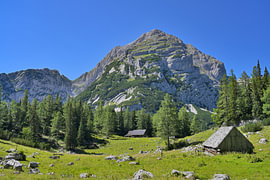 Une prairie d'alpage avec des chalets au pied d'un sommet sur Tomherkules