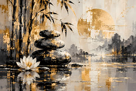 Zen-stenen met lotus & Bambus | Abstrakte asiatische Kunst in Schwarz, Beige & -goud | Poster in liggend formaat van ButterflyPix