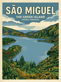 Affiche de voyage vintage de São Miguel – Lac de cratère Lagoa do Fogo aux Açores, Portugal sur Danny van Eldik