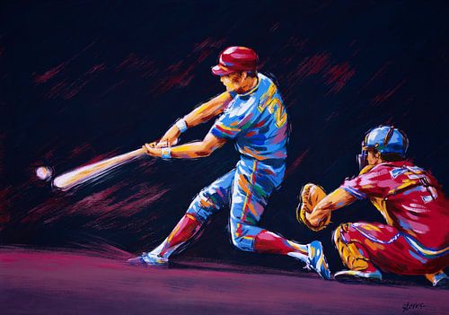 Two baseball players in action - Acrylic on paper