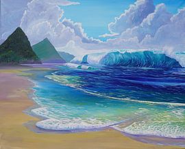 Scène de plage tropicale à Sainte-Lucie Vague géante et montagnes Pitons