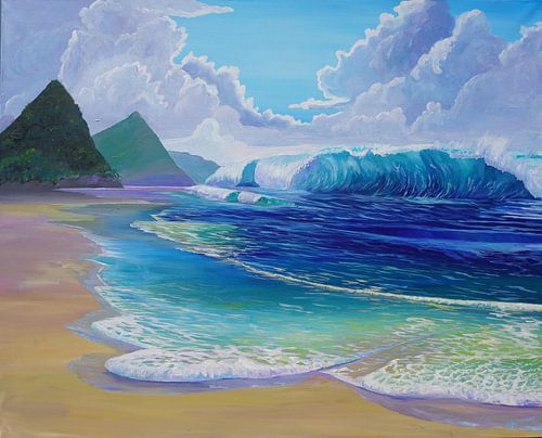 Scène de plage tropicale à Sainte-Lucie Vague géante et montagnes Pitons