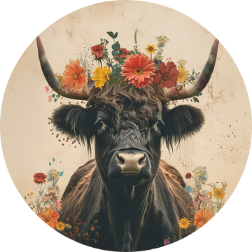 Stier in de Bloemenoase - schotse hooglander - donker van Eva Lee