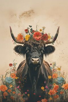 Bull in the Flower Oasis - Scottish highlander - dark by Eva Lee