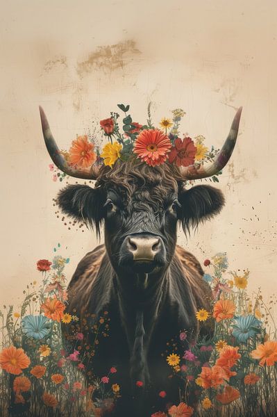 Taureau dans l'oasis des fleurs - Highlander écossais - sombre par Eva Lee