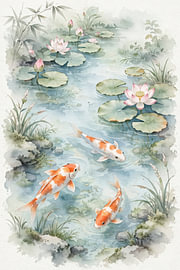 Serene Koi Pond Scene with Lotus Flowers by Matthias Hauser