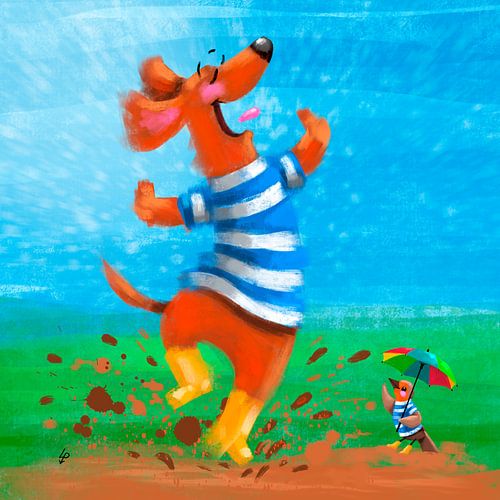 Dackel Tobie tanzt im Regen