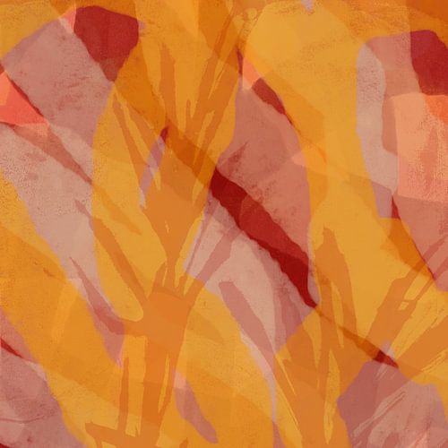 Moderne abstracte kunst. Penseelstreken en bladeren in geel en donkerroze.