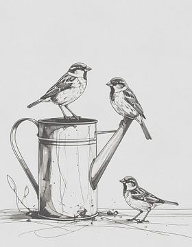 Minimal art - line drawing sparrows by Emiel de Lange