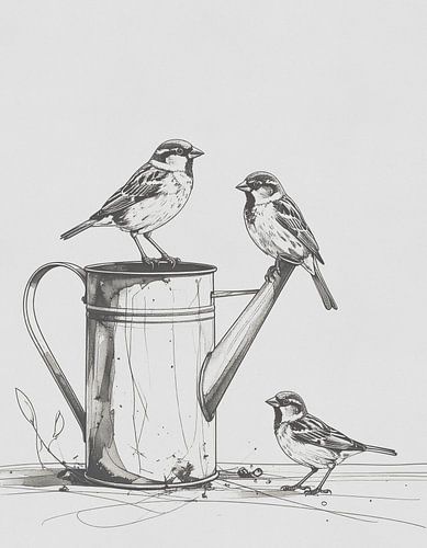 Minimal art - line drawing sparrows