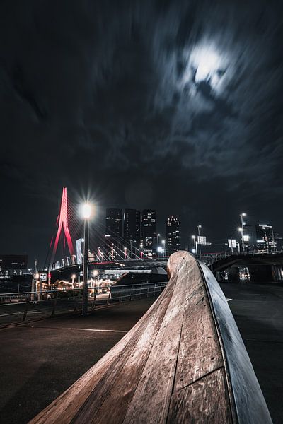 Red Erasmusbridge at night Rotterdam by vedar cvetanovic