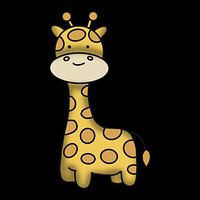 Simple, cute cartoon illustration of a smiling yellow giraffe with spots.