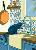 Zwarte Kat in Keuken met Azulejo Tegels