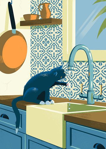 Chat noir dans la cuisine avec des carreaux Azulejo