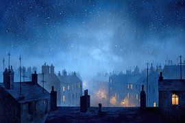 Sternennacht über den Dächern - Mystery Painting von Peter Pen Zeichnungen und Gemälde