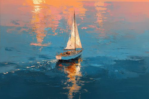 Zeilboot bij zonsondergang - olieverfschilderij