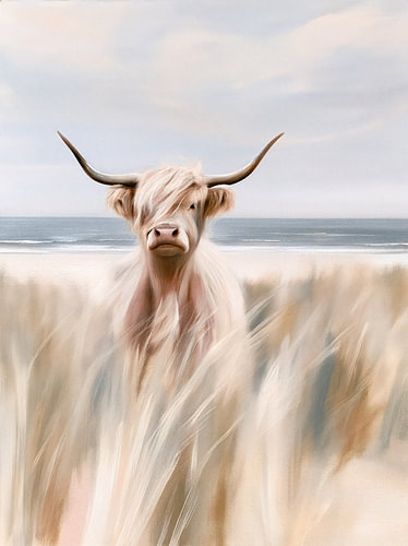 Schotse hooglander tussen duinen en zee