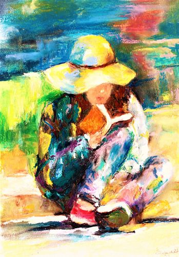 Lecture d'un livre passionnant. Peint à la main au pastel à l'huile