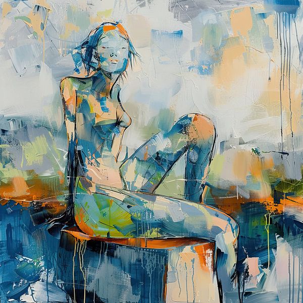 Frau und blaue Farben | Frau in entspannter Körperhaltung mit Farben von Kunst Laune
