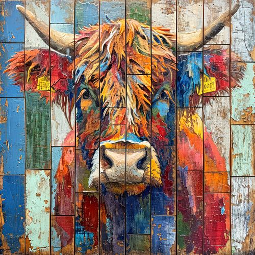 Schottischer Highlander in Holzstruktur von Vlindertuin-Art