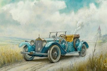 Tekening van een klassieke, blauwe oldtimer cabriolet 