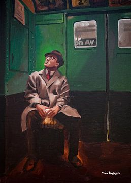 Man on train balcony. Painting by Toon Nagtegaal