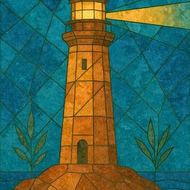 Vuurtoren in glas-in-loodstijl – maritiem lichtspel in blauw en wit van Sabine Wagner