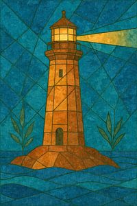 Phare style vitrail – Jeu de lumière maritime en bleu et blanc
