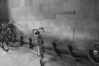 Nostalgic black and white image of bicycles in Cambridge