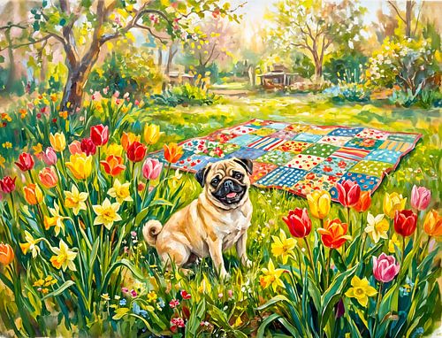 Whimsical Spring Garden Mops Dog Illustration
