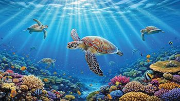 Tortues de mer nageant au-dessus d'un récif corallien