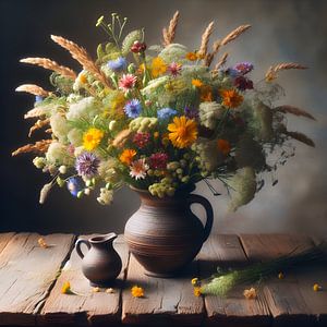 Nature morte ; bouquet de fleurs des champs dans le style des vieux maîtres