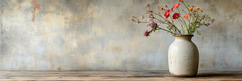 Vase japonais avec fleurs sauvages sur table en bois par Digitale Schilderijen