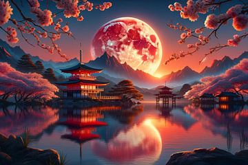 Maanverlichte nacht boven een traditionele Japanse tuin van artefacti