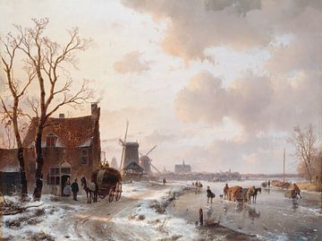Winter landscape with horses on the ice, Andreas Schelfhout