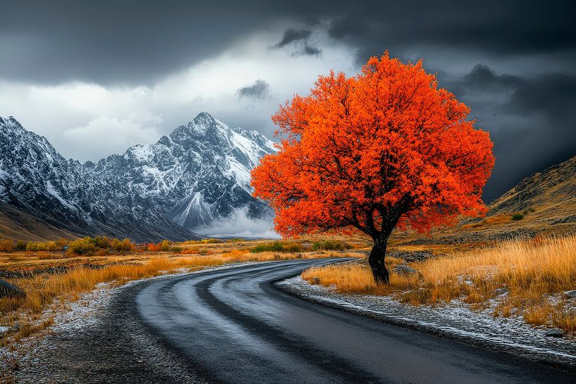 Autumn tree on a mountainous road by Poster Art Shop