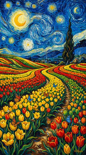 Sterrennacht boven kleurrijke tulpenvelden