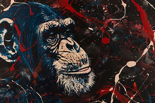 Abstract schilderij van aap met verfspetters