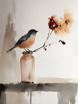 Still life with a bird and flowers by Japandi Art Studio