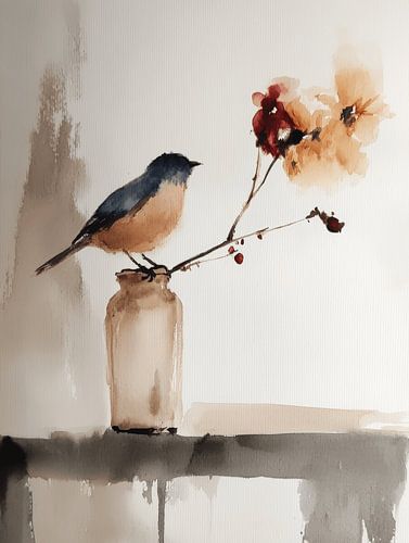 Stilleven met een vogeltje en bloemen