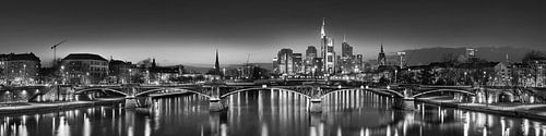 De skyline van Frankfurt in het avondlicht in zwart-wit
