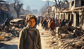 Analoges Foto 90er in der Straße der Stadt Afghanistan mit einem ängstlichen Jungen