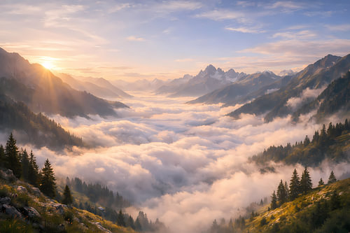 Une mer de brouillard majestueuse dans les montagnes au lever du soleil, comme une image typique des Alpes