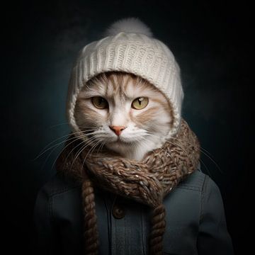Atmospheric cat portrait with hat by Vlindertuin Art