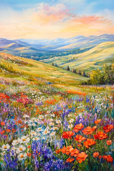 Bloeiend weidelandschap bij zonsondergang van Poster Art Shop