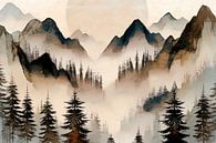 Japanese mountain landscape with forest Japandi Surrealism by FRESH Fine Art thumbnail