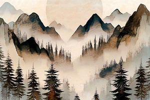 Japanische Gebirgslandschaft mit Wald Japandi Surrealismus
