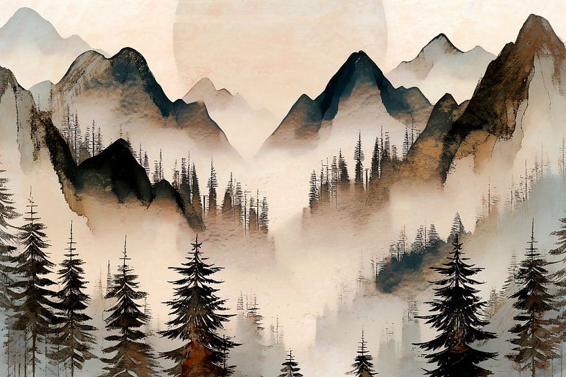 Japanese mountain landscape with forest Japandi Surrealism by FRESH Fine Art