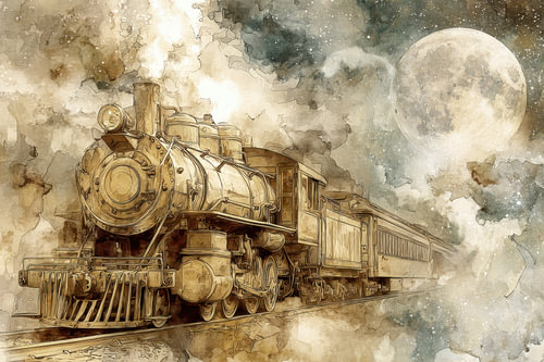 Steam train under the moon - dreamy watercolour painting