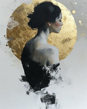 Modern abstract portrait in a circle of gold by Carla Van Iersel